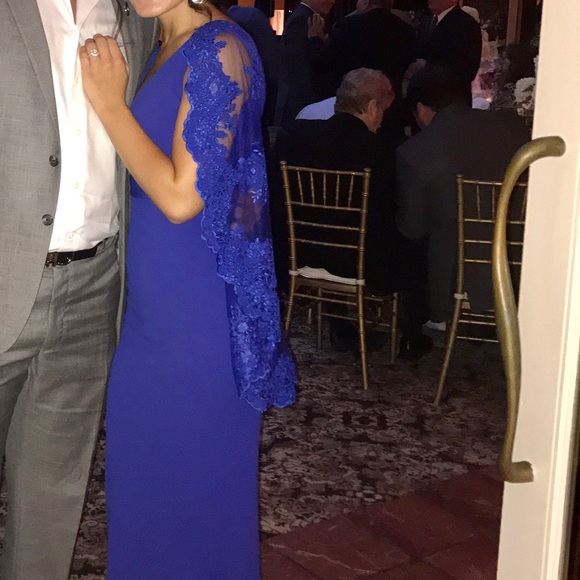 Royal Blue Lace Cape Gown HOMECOMING - Picture 2 of 8